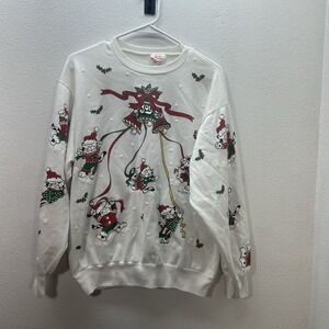 VTG Cat All Over Print Christmas Snow SZ L White 90s 1990s‎ Sweatshirt Holiday